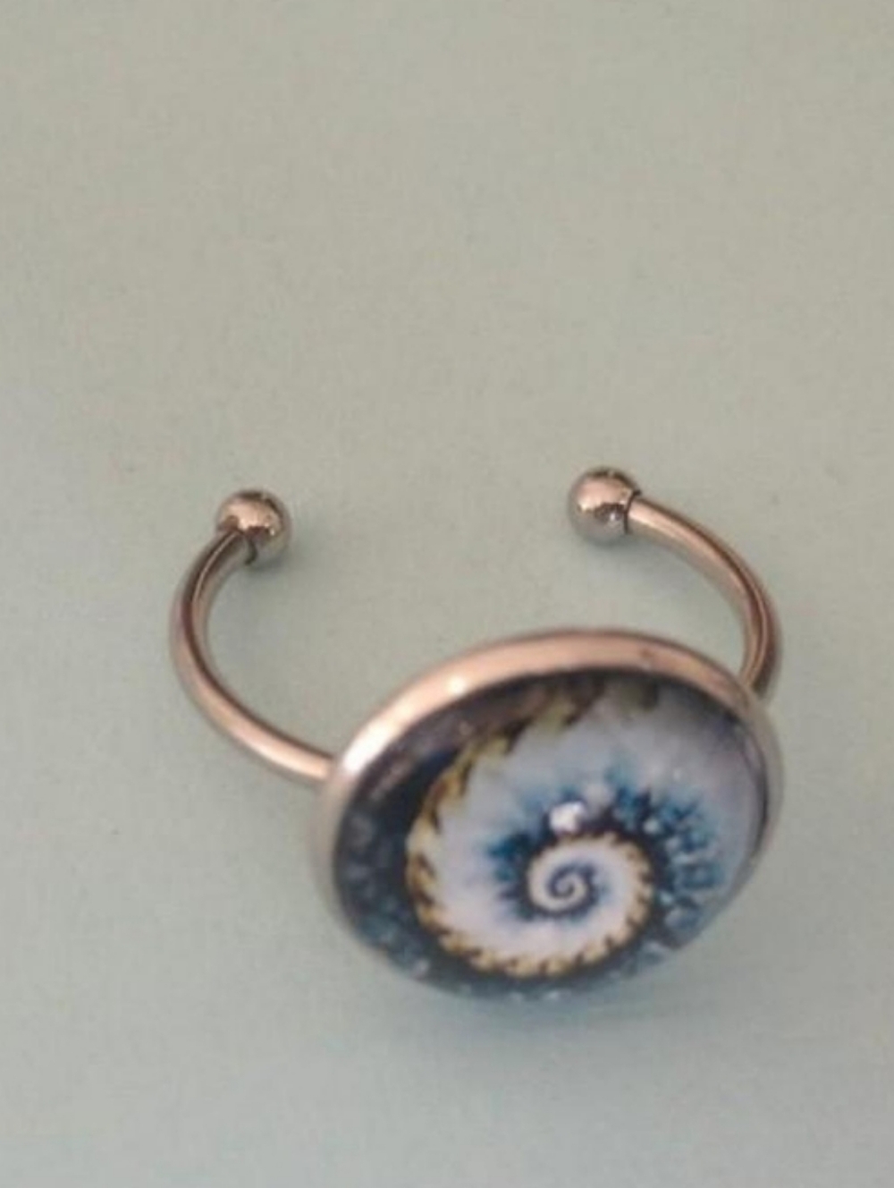 Stainless Steel Blue Spiral Glass Cabochon Adjustable Ring